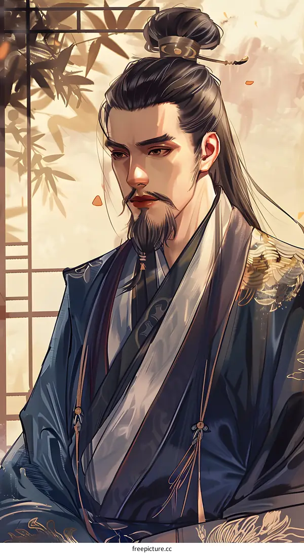 Handsome Man With Long Black Hair Wearing Traditional Chinese Clothing