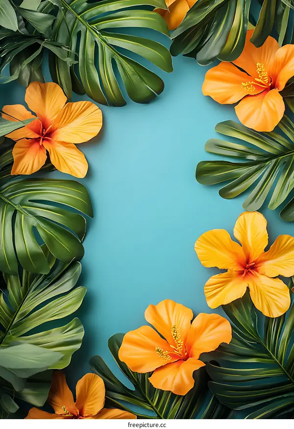 Tropical Leaves and Flowers on Blue Background
