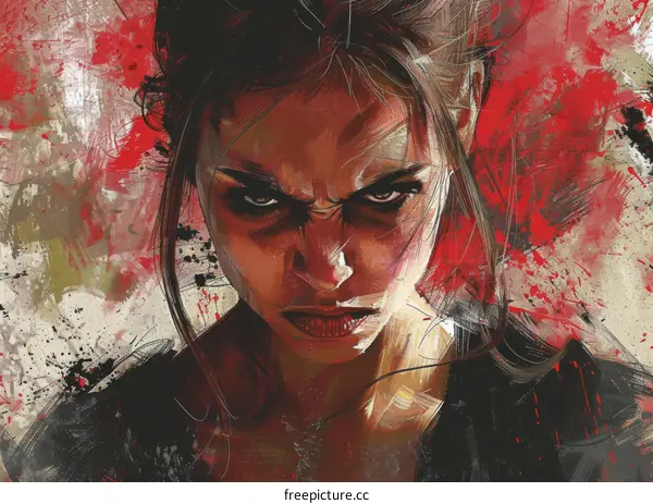 Portrait of a young woman with red hair and green eyes, looking at the viewer with an angry expression on her face