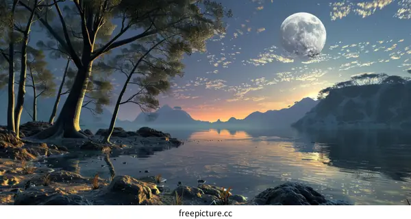 Enchanted Lake and Mountain Landscape with Moon
