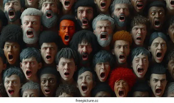 A crowd of people of different ethnicities and ages screaming with their mouths wide open