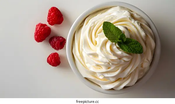 White Whipped Cream in Bowl with Fresh Mint and Raspberries