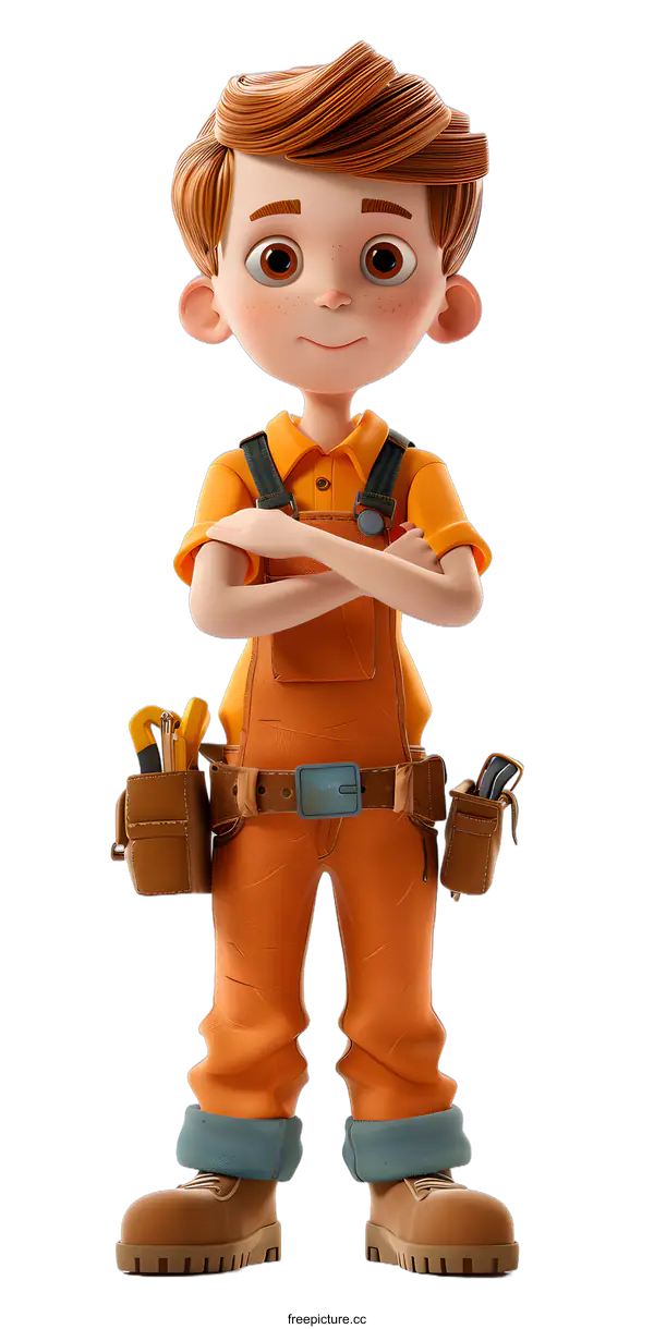 [Transparent Background PNG]Cartoon Character of a Young Boy in Work Clothes