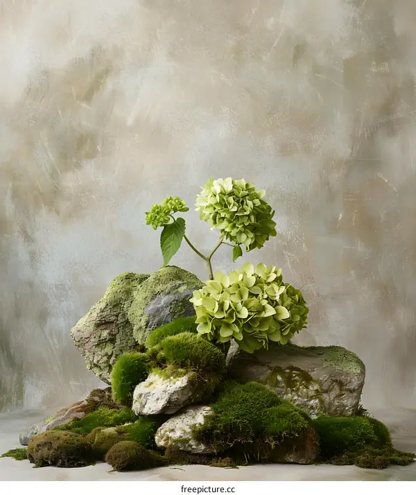 Green Hydrangea Flowers on a Bed of Moss and Stones