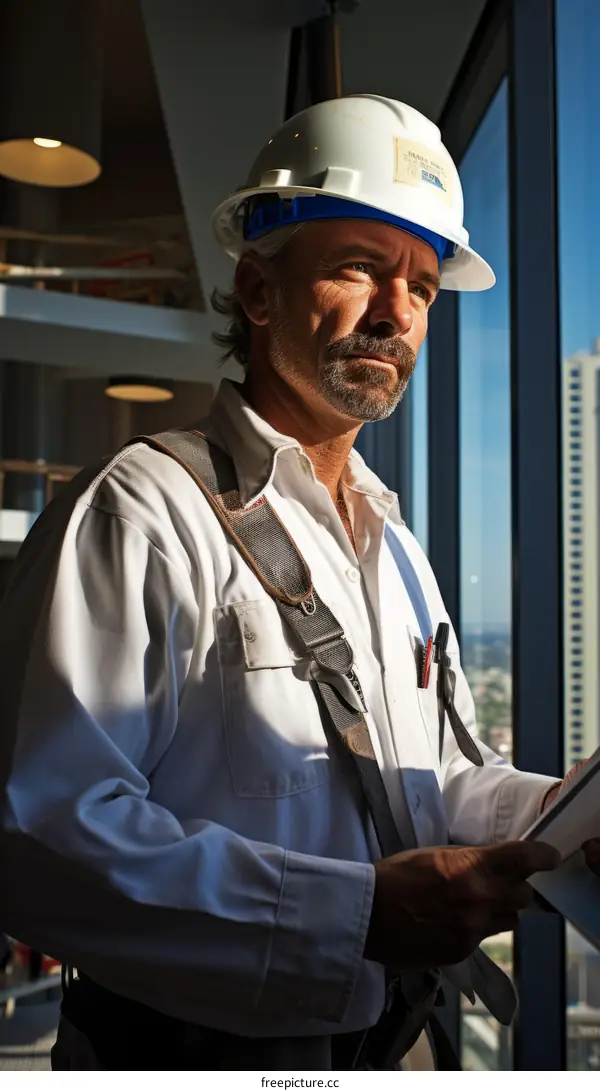 A construction worker wearing a hard hat looks out over a city skyline