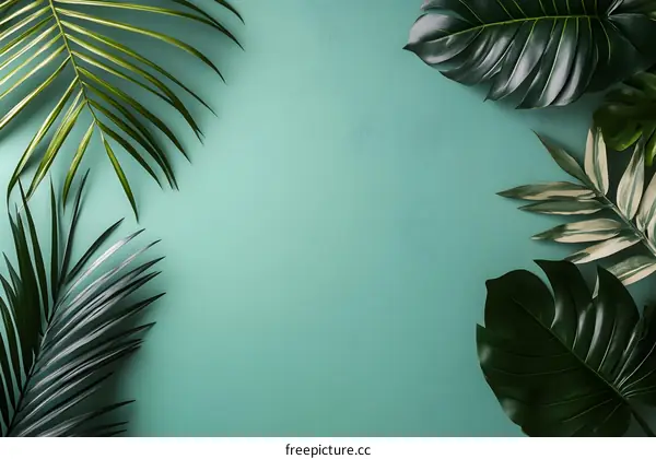 Tropical Leaves on Teal Background