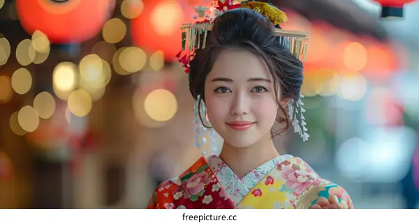 Portrait of a beautiful Japanese woman in traditional kimono