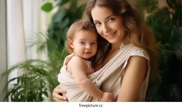 A mother is smiling at her baby in a baby carrier