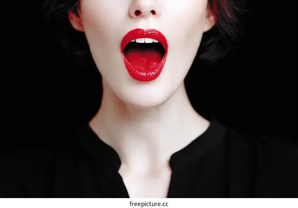 Close-up Portrait of a Woman with Open Mouth and Red Lipstick