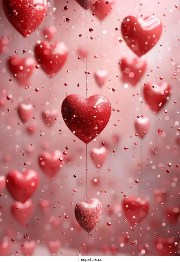 Red Glitter Hearts Falling With Pink Bokeh Background
