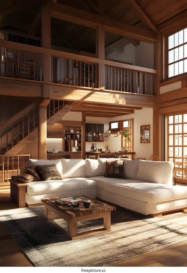 Modern Wooden Living Room with Sectional Sofa and Coffee Table