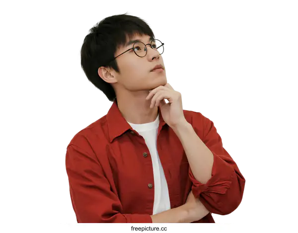 [Transparent Background PNG]Young man in red shirt with glasses thinking deeply