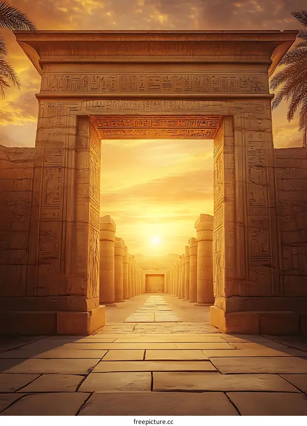 Ancient Egyptian Temple Gateway with Columns and Sunset