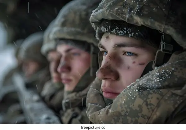Three soldiers in snow gear staring into the distance