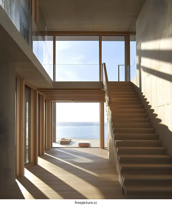 Modern Staircase with Sea View in a Minimalist Home