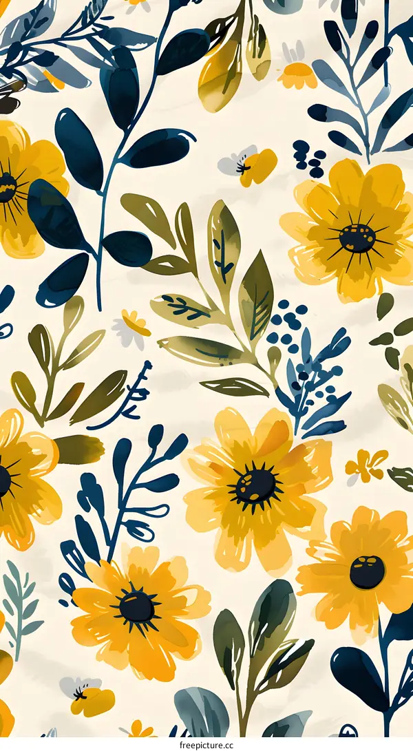 Yellow and Blue Floral Seamless Pattern