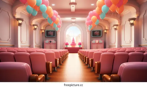 Auditorium with pink seats and colorful balloons