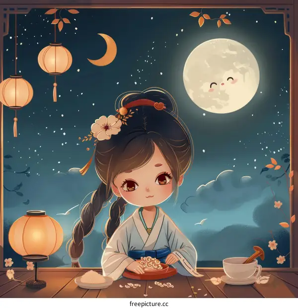 A girl making mooncakes under the moonlight on Mid-Autumn Festival