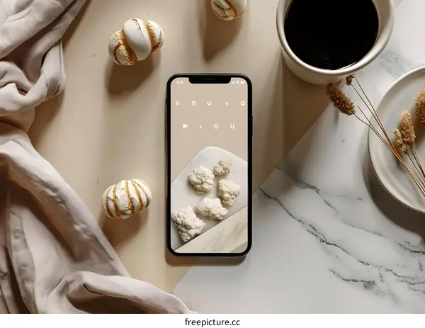 Minimalist Phone Screen with Cauliflower and Coffee