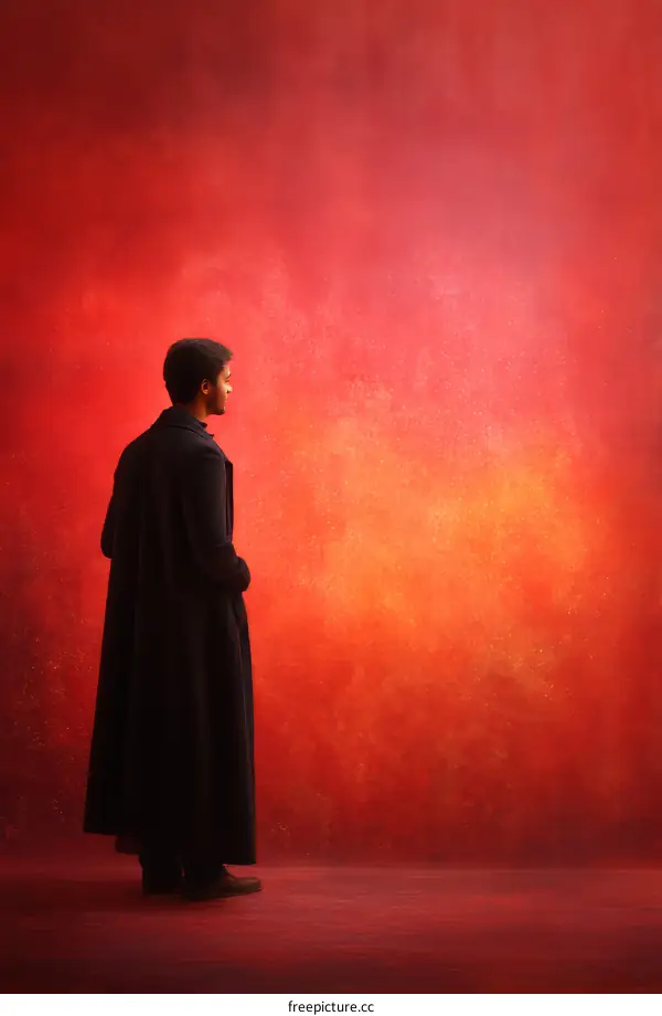 Man in Long Dark Coat Against a Fiery Red Wall