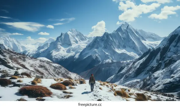 A lone hiker traverses the snow-covered mountain landscape