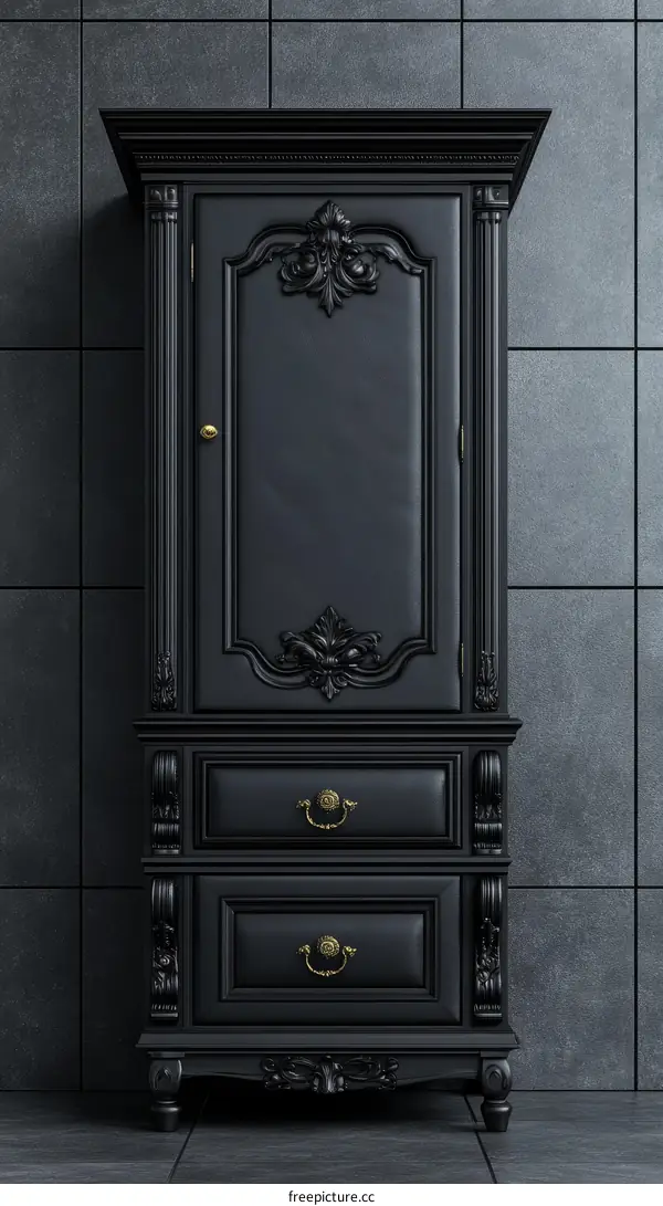 Elegant Black Wooden Wardrobe with Intricate Carvings