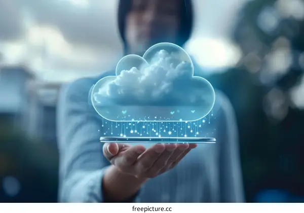 A person holding a smartphone with a cloud icon above their hand