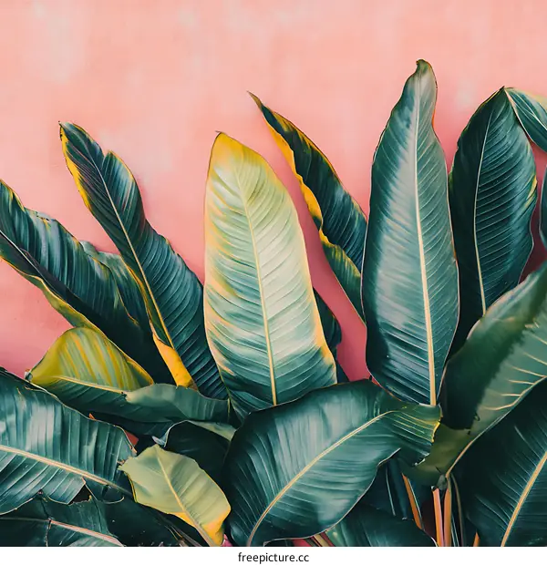 Tropical Green Leaves Against Pink Wall