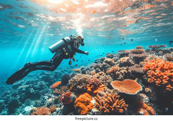 Scuba diver explores a coral reef in the Red Sea