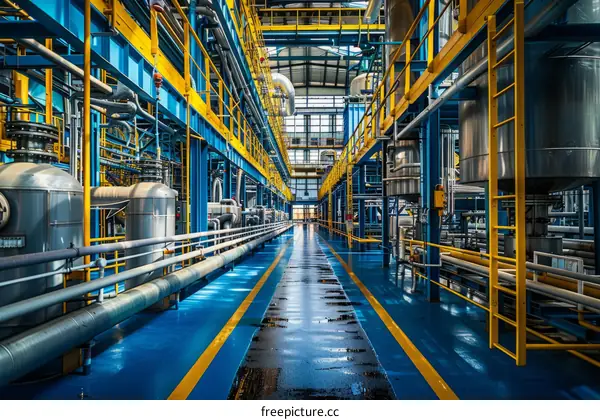 Modern Industrial Factory Interior with Blue and Yellow Pipelines and Catwalks