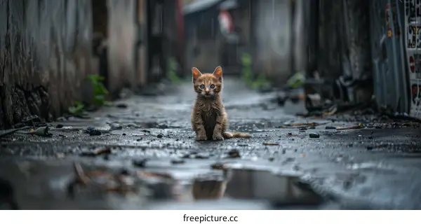 Orange Kitten Alone on Wet Pavement