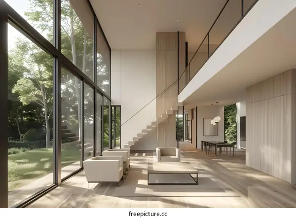 Modern Minimalist Living Room With Large Windows And Wooden Stairs