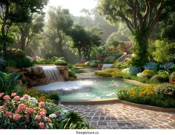 A lush green park with a beautiful pond