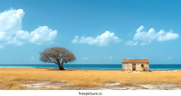 A hut stands alone on the beach with a tree nearby
