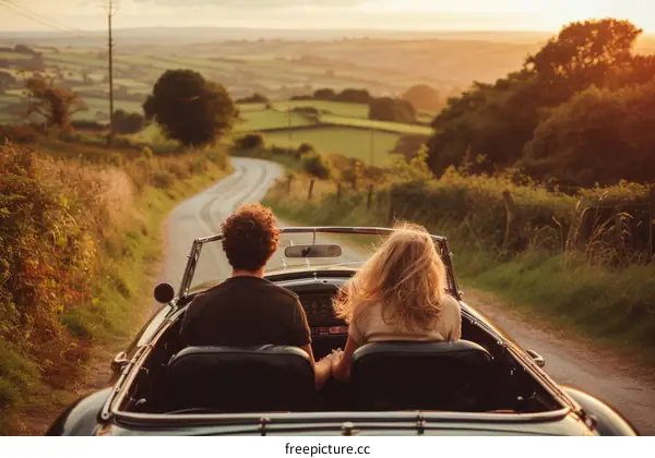 Young couple driving a vintage car along a winding country road at sunset