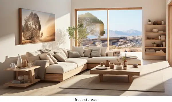 Modern Living Room with Large Windows and Comfortable Sofa