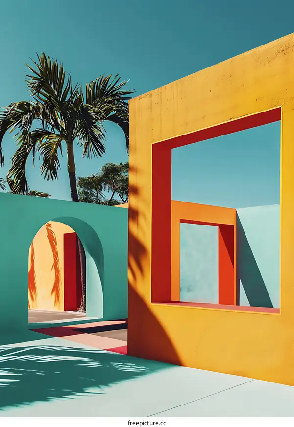 Colorful Architecture with Palm Tree and Window Frames