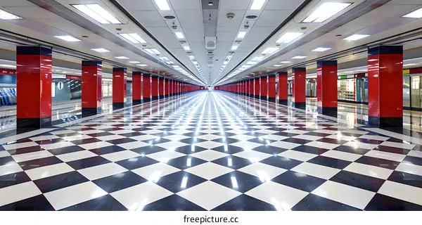 Checkerboard Floor in a Modern Underground Passageway