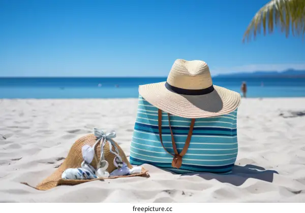 Relaxing on the Beach with a Straw Hat and Bag