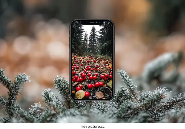 Smartphone Displaying a Forest with Red Berries