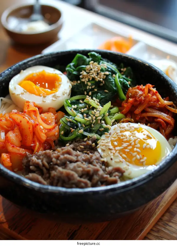 Bibimbap, Korean Dish with Rice, Vegetables, and Meat