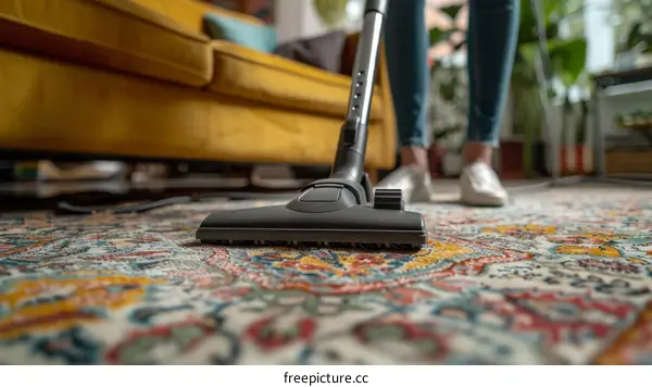 A Person Using a Vacuum Cleaner on a Rug in a Living Room