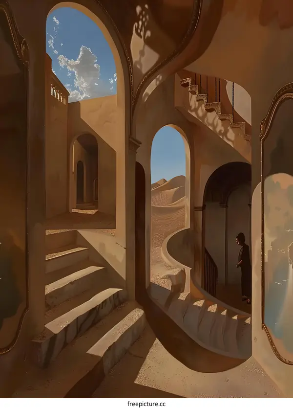 Woman Standing in a Sand-Filled Building with Arched Doorways