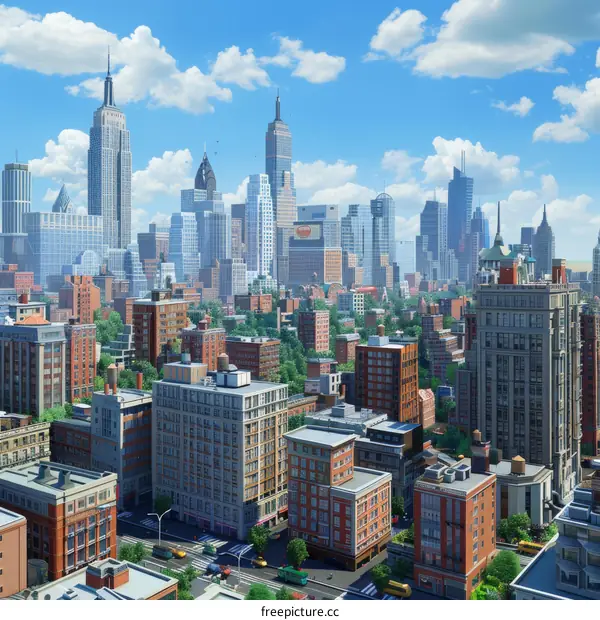 A Wide Cityscape with Tall Buildings and a Blue Sky