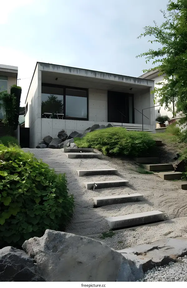 Modern Concrete House with Gravel Garden and Stone Steps