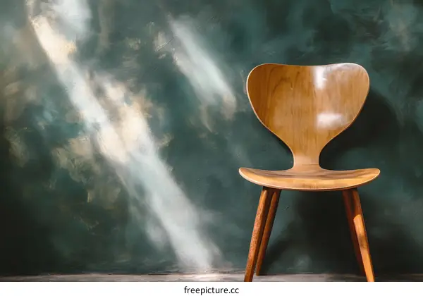 Wooden Chair Against Green Wall With Sunbeams
