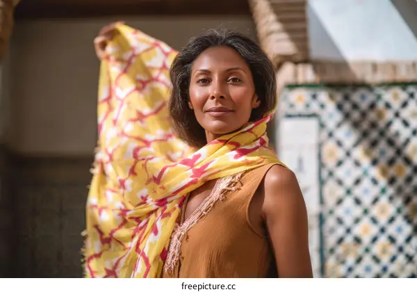 Woman Wearing a Colorful Printed Scarf Outdoors
