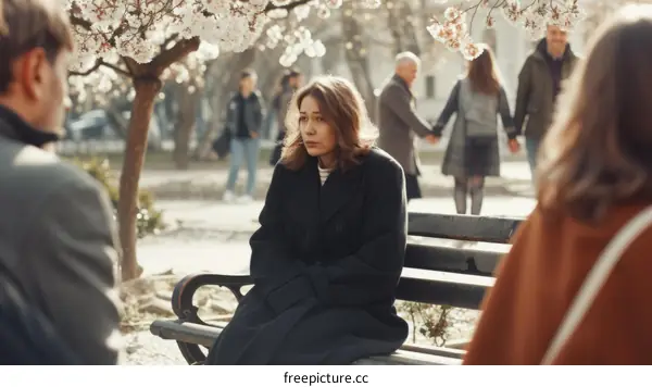 A woman sitting on a bench in a park surrounded by cherry blossoms