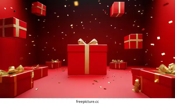Red Gift Boxes with Gold Ribbons Falling in Room