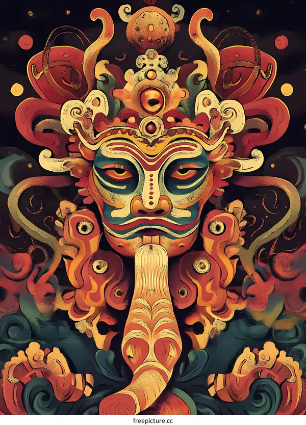 Colorful Illustration of a Mask with Intricate Designs